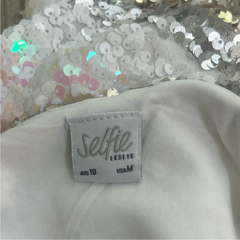 Selfie Leslie Show Me Love Cowl Neck Mini Dress Sequin Swirl White-M - Picture 7 of 7